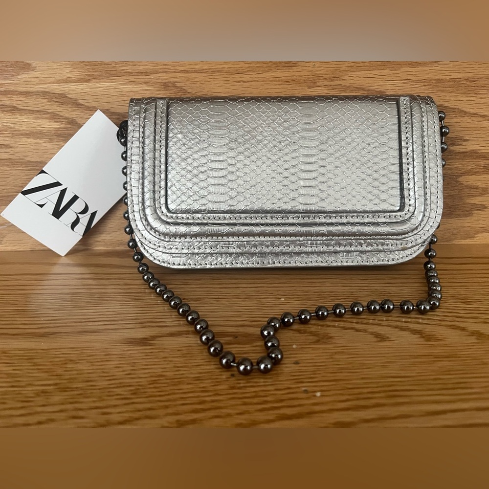 ZARA Silver Textured Crossbody with Bead Chain